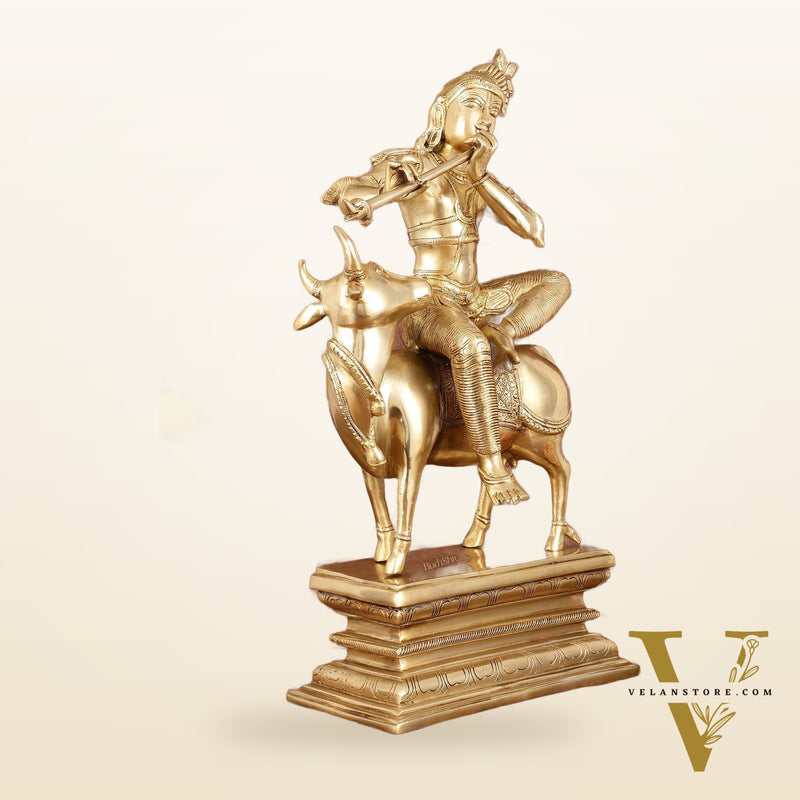 Brass Venugopal Krishna Seated on Cow Statue - 21"