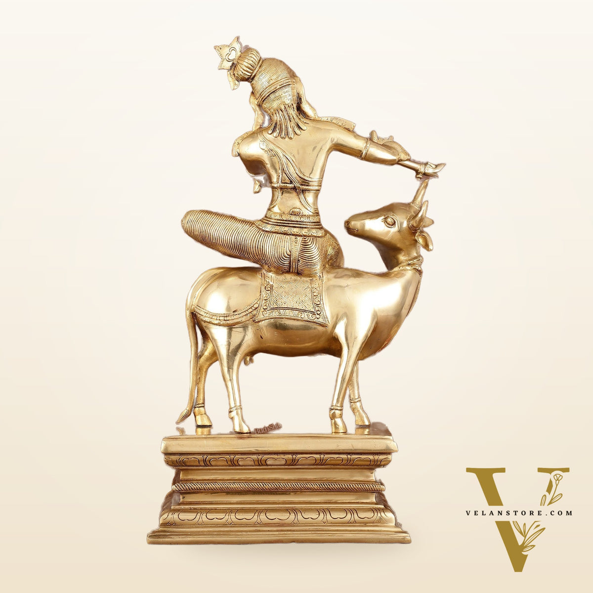 Brass Venugopal Krishna Seated on Cow Statue - 21"
