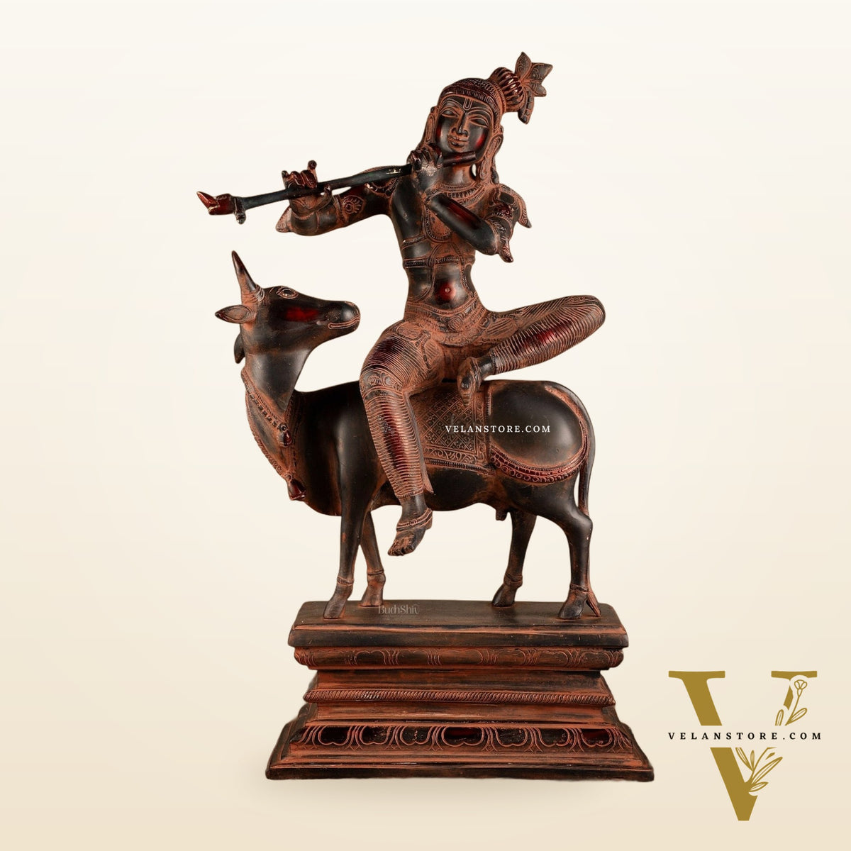 Brass Venugopal Krishna Seated on Cow Statue | 21x12.5x7.5 Inch
