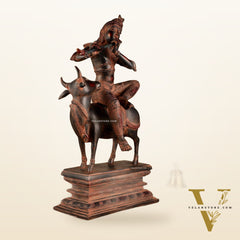 Brass Venugopal Krishna Seated on Cow Statue | 21x12.5x7.5 Inch