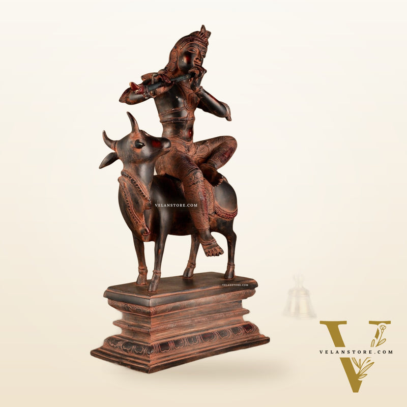 Brass Venugopal Krishna Seated on Cow Statue | 21x12.5x7.5 Inch