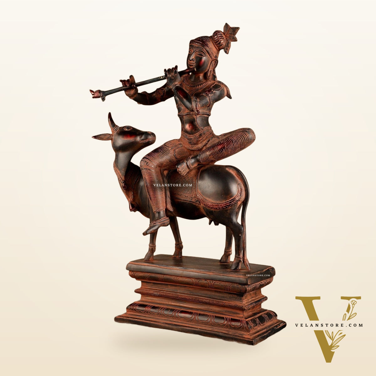 Brass Venugopal Krishna Seated on Cow Statue | 21x12.5x7.5 Inch