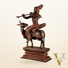Brass Venugopal Krishna Seated on Cow Statue | 21x12.5x7.5 Inch