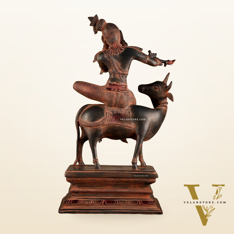 Brass Venugopal Krishna Seated on Cow Statue | 21x12.5x7.5 Inch