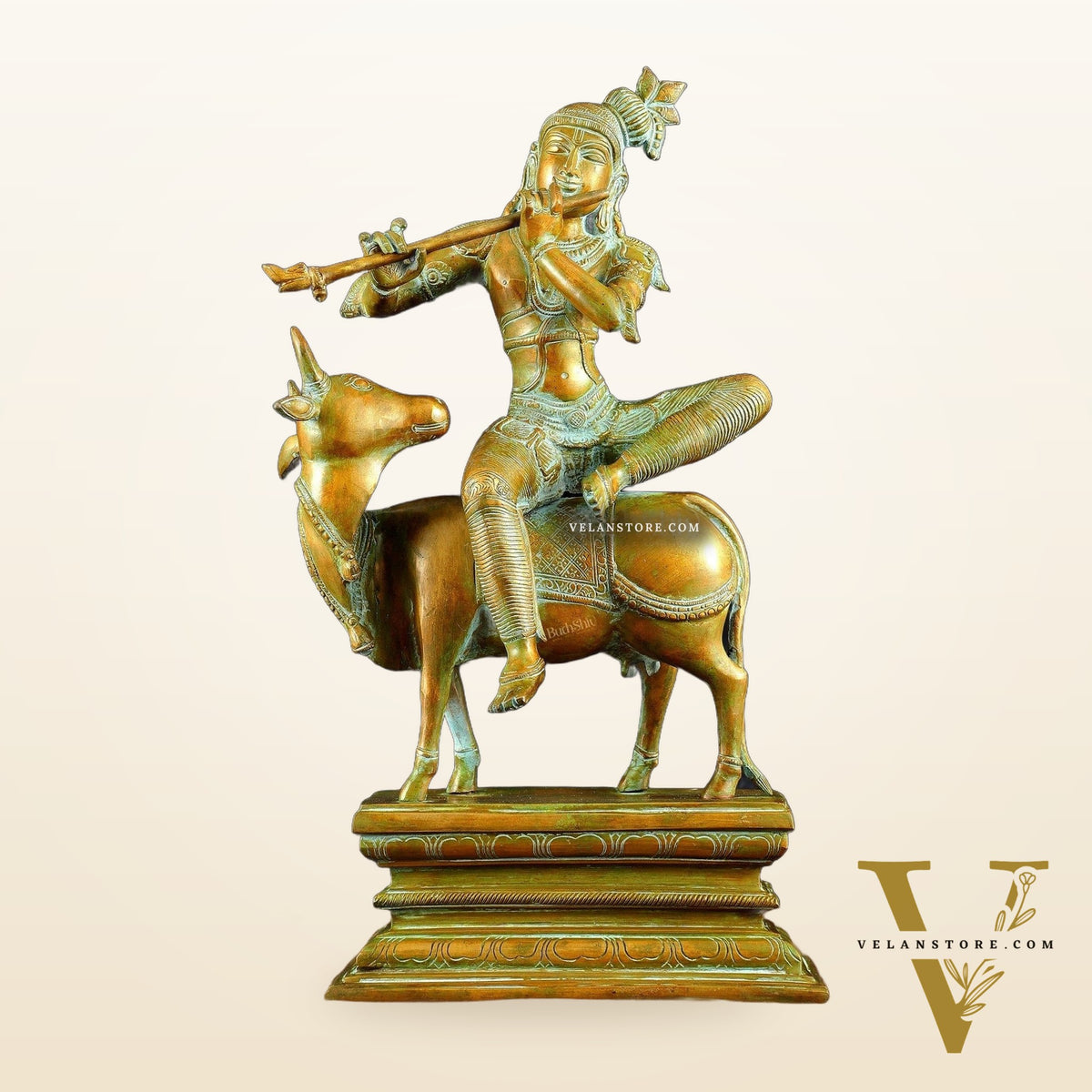 Brass Venugopal Krishna Seated on Cow Statue Vintage bronze tone  | 21"