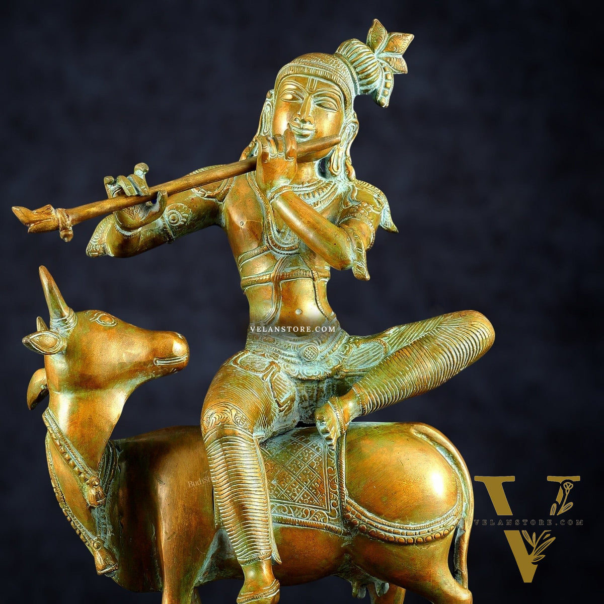 Brass Venugopal Krishna Seated on Cow Statue Vintage bronze tone  | 21"