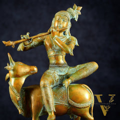 Brass Venugopal Krishna Seated on Cow Statue Vintage bronze tone  | 21"
