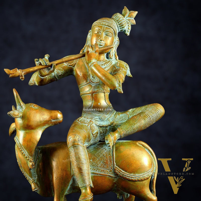 Brass Venugopal Krishna Seated on Cow Statue Vintage bronze tone  | 21"