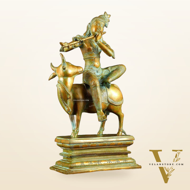 Brass Venugopal Krishna Seated on Cow Statue Vintage bronze tone  | 21"