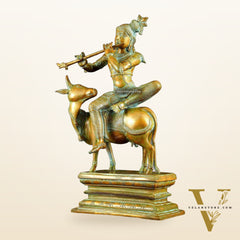 Brass Venugopal Krishna Seated on Cow Statue Vintage bronze tone  | 21"