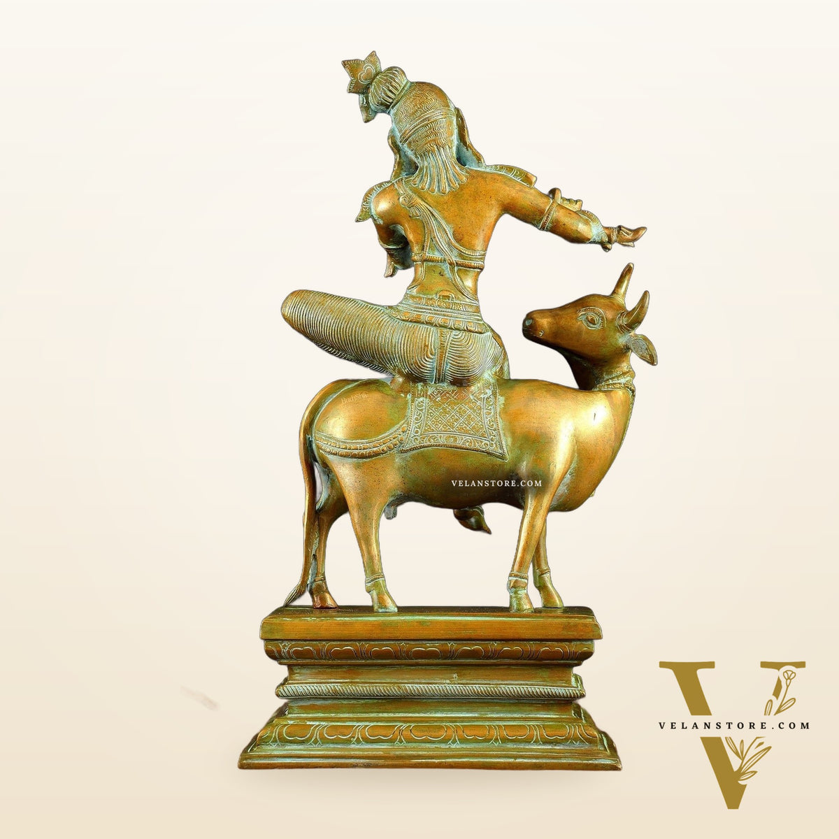 Brass Venugopal Krishna Seated on Cow Statue Vintage bronze tone  | 21"