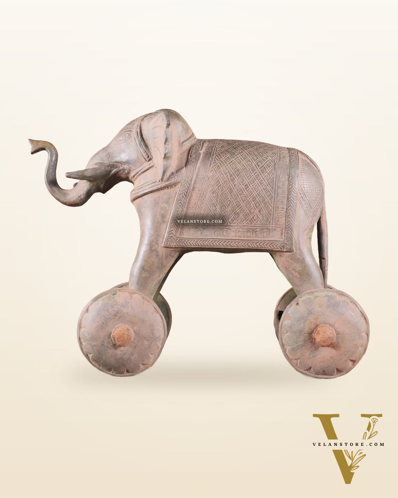 Brass Vintage Elephant Statue on Wheels – 10" x 13.5" x 6" | Antique Sand-Finish Showpiece