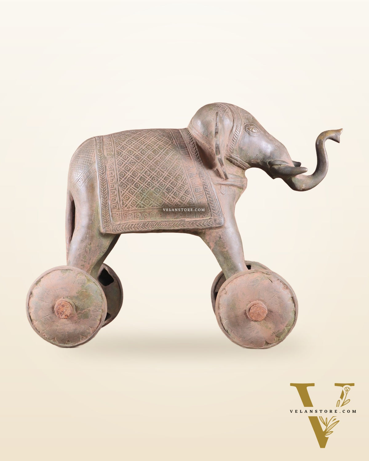 Brass Vintage Elephant Statue on Wheels – 10" x 13.5" x 6" | Antique Sand-Finish Showpiece