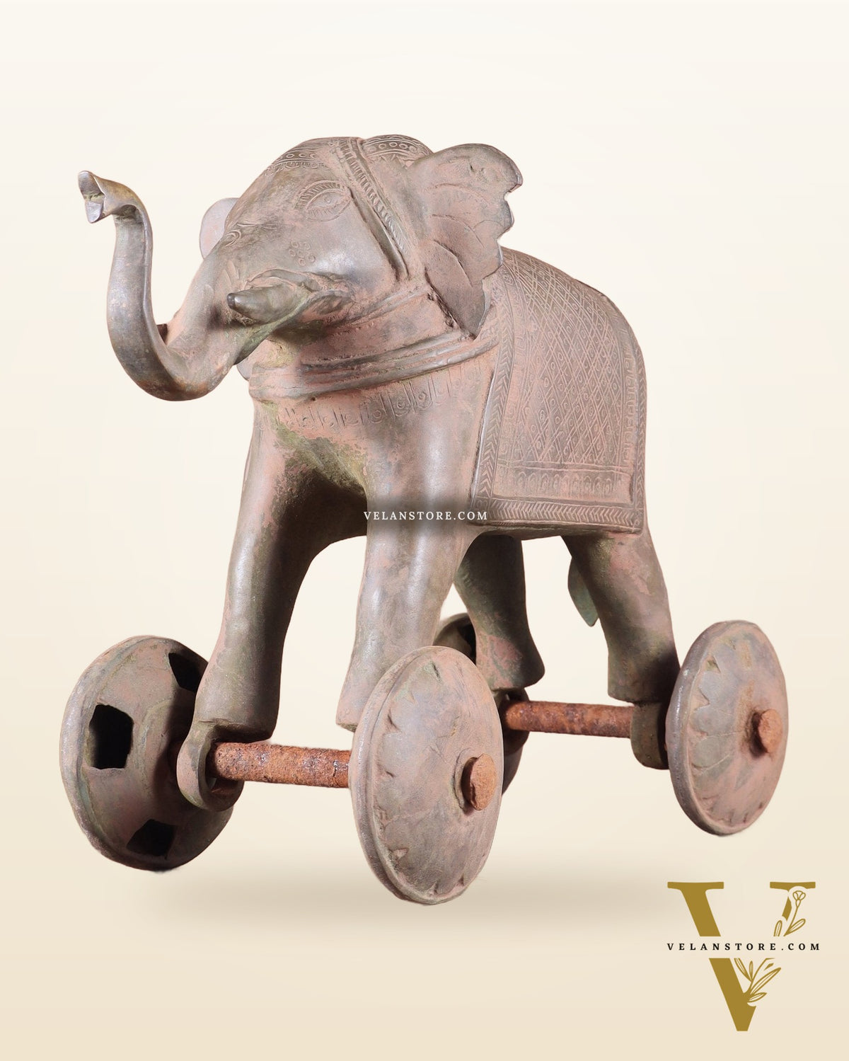Brass Vintage Elephant Statue on Wheels – 10" x 13.5" x 6" | Antique Sand-Finish Showpiece