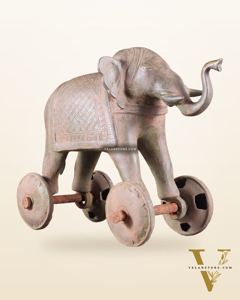 Brass Vintage Elephant Statue on Wheels – 10" x 13.5" x 6" | Antique Sand-Finish Showpiece