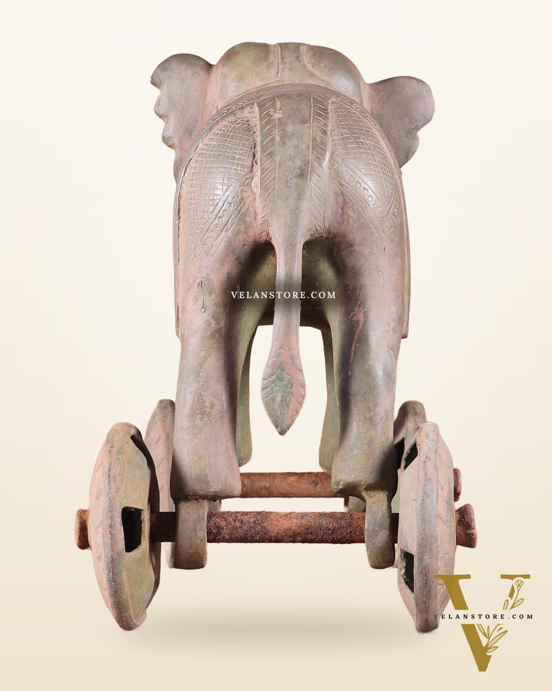 Brass Vintage Elephant Statue on Wheels – 10" x 13.5" x 6" | Antique Sand-Finish Showpiece
