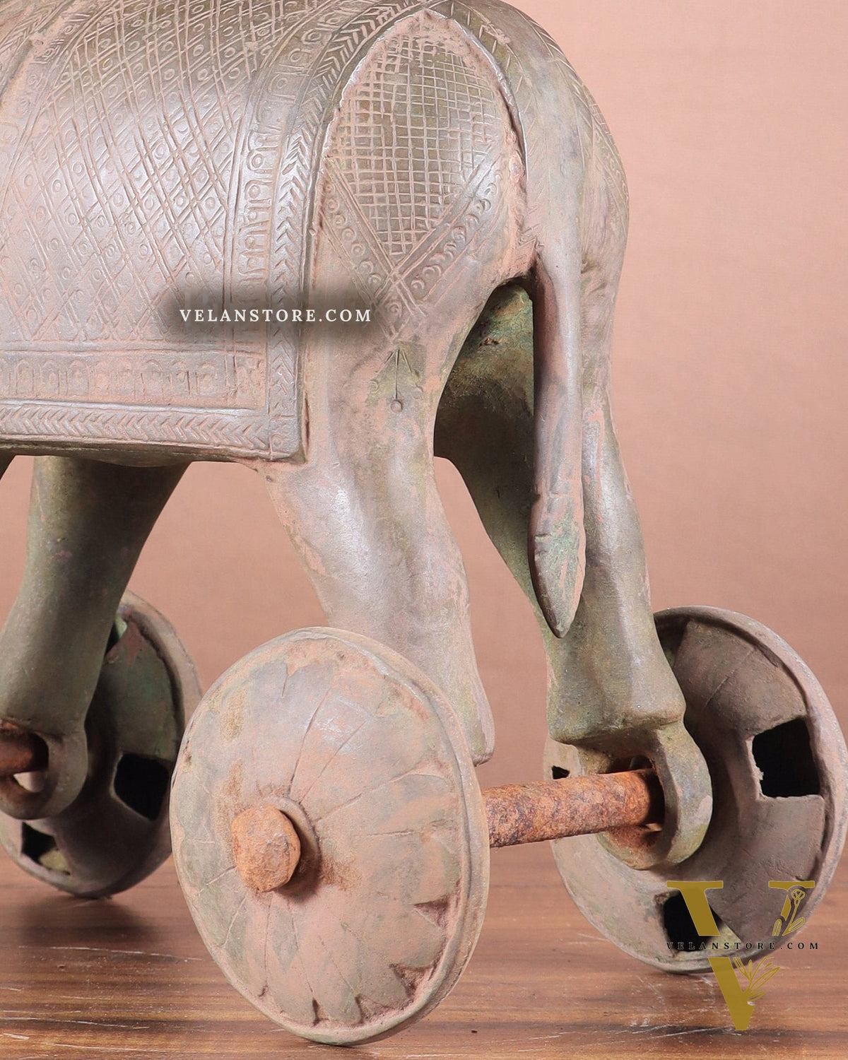 Brass Vintage Elephant Statue on Wheels – 10" x 13.5" x 6" | Antique Sand-Finish Showpiece
