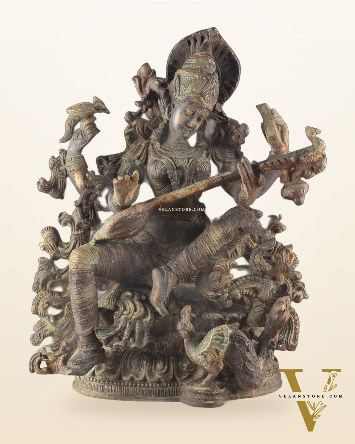 Brass Vintage Finish Saraswati Idol - 16" Divine Sculpture