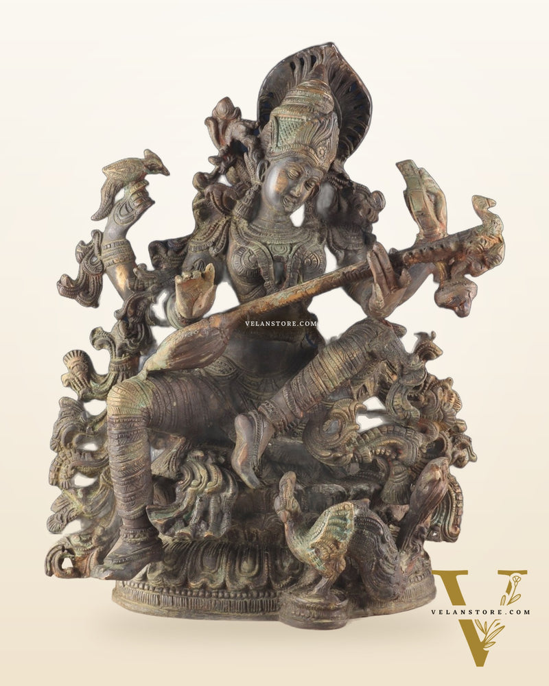 Brass Vintage Finish Saraswati Idol - 16" Divine Sculpture