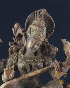 Brass Vintage Finish Saraswati Idol - 16" Divine Sculpture