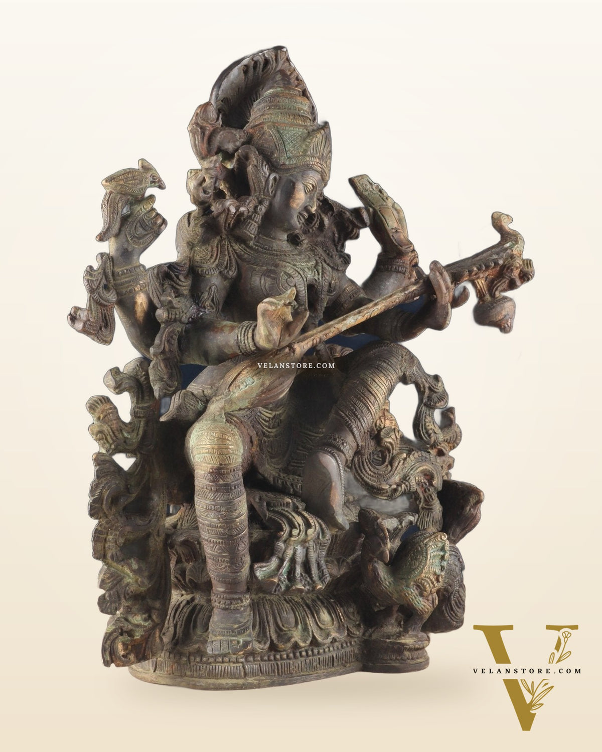 Brass Vintage Finish Saraswati Idol - 16" Divine Sculpture