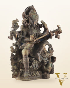 Brass Vintage Finish Saraswati Idol - 16" Divine Sculpture