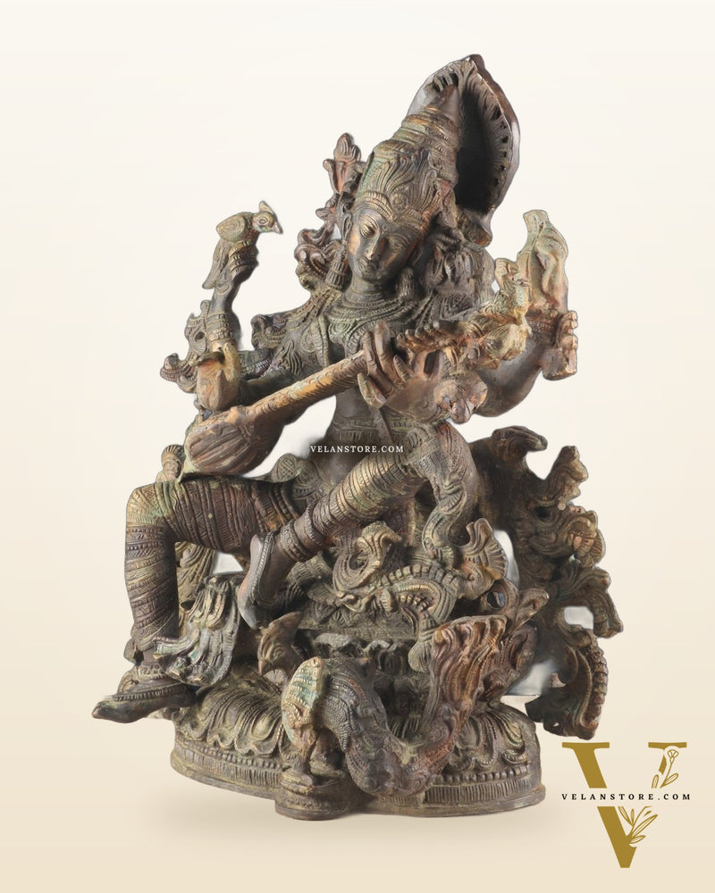 Brass Vintage Finish Saraswati Idol - 16" Divine Sculpture