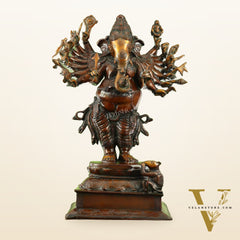 Brass Vira Ganesha Statue with 16 Arms - 24 Inches | Brown Antique & Gold Finish