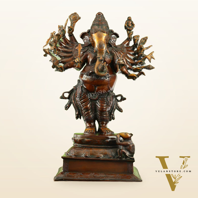 Brass Vira Ganesha Statue with 16 Arms - 24 Inches | Brown Antique & Gold Finish
