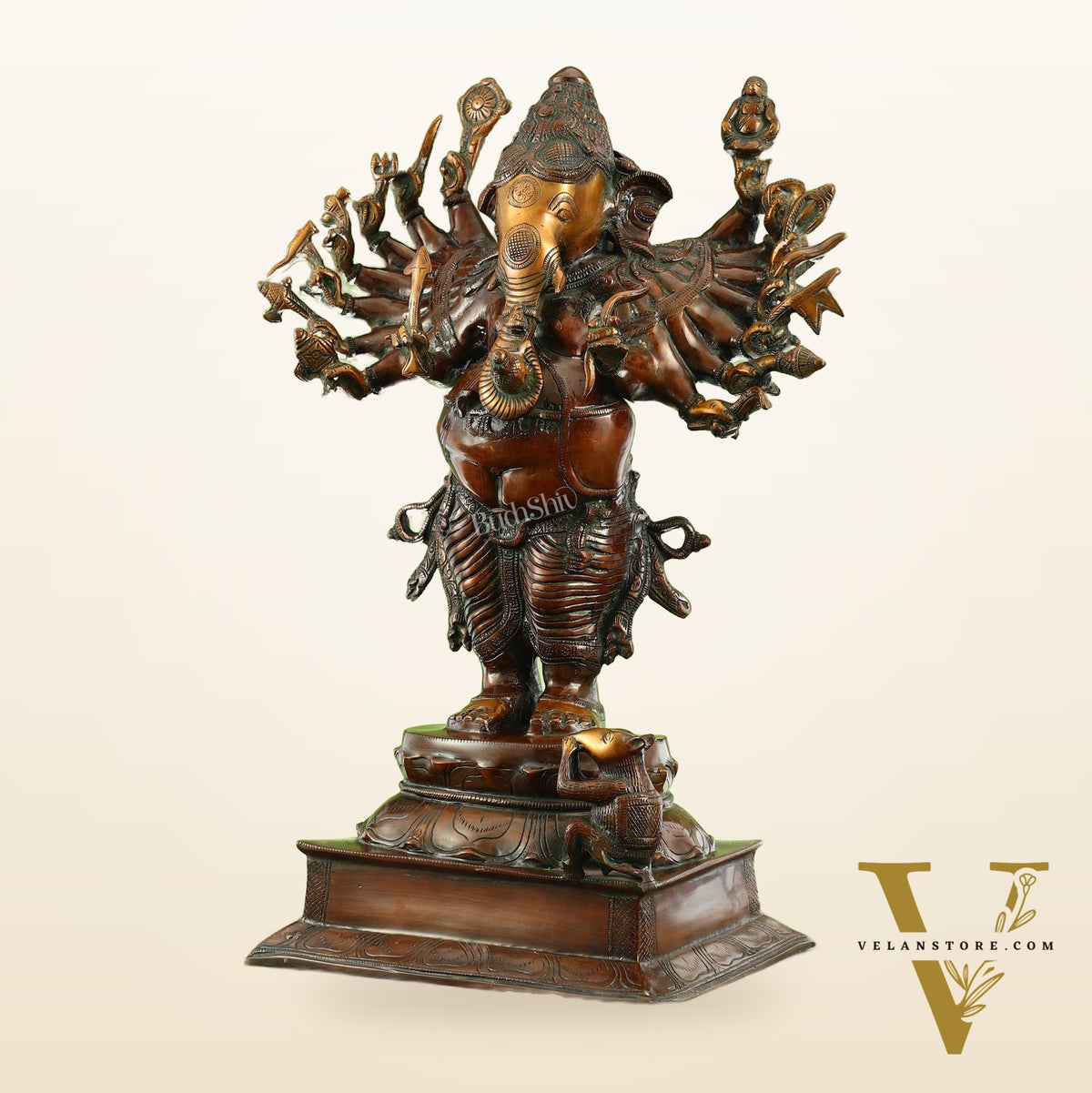 Brass Vira Ganesha Statue with 16 Arms - 24 Inches | Brown Antique & Gold Finish
