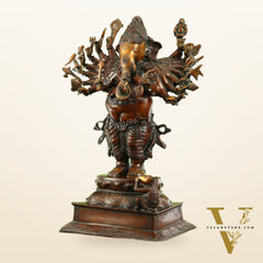 Brass Vira Ganesha Statue with 16 Arms - 24 Inches | Brown Antique & Gold Finish
