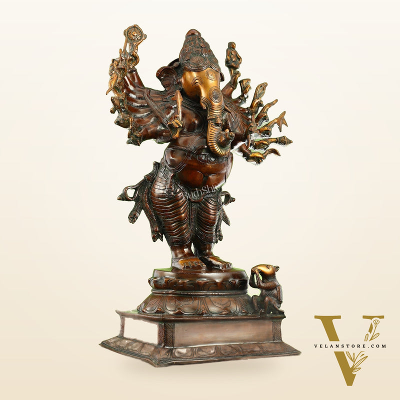 Brass Vira Ganesha Statue with 16 Arms - 24 Inches | Brown Antique & Gold Finish