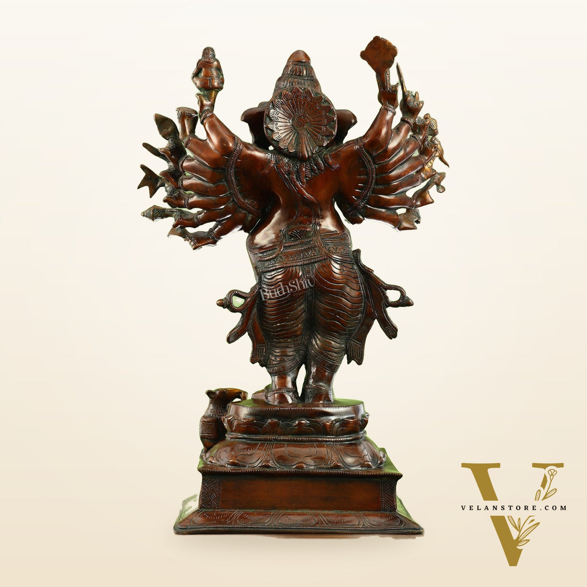 Brass Vira Ganesha Statue with 16 Arms - 24 Inches | Brown Antique & Gold Finish