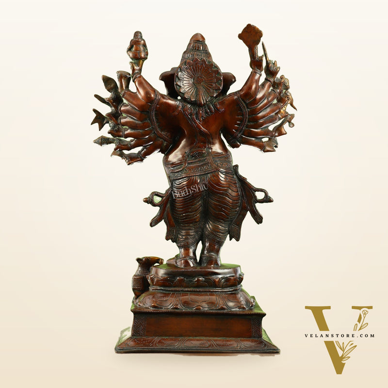 Brass Vira Ganesha Statue with 16 Arms - 24 Inches | Brown Antique & Gold Finish