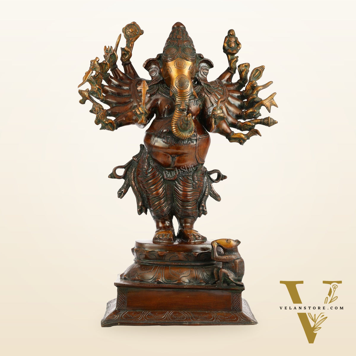 Brass Vira Ganesha Statue with 16 Arms - 24 Inches | Brown Antique & Gold Finish