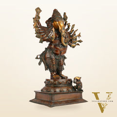 Brass Vira Ganesha Statue with 16 Arms - 24 Inches | Brown Antique & Gold Finish