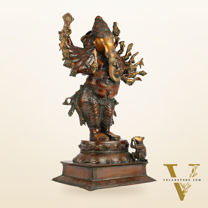 Brass Vira Ganesha Statue with 16 Arms - 24 Inches | Brown Antique & Gold Finish