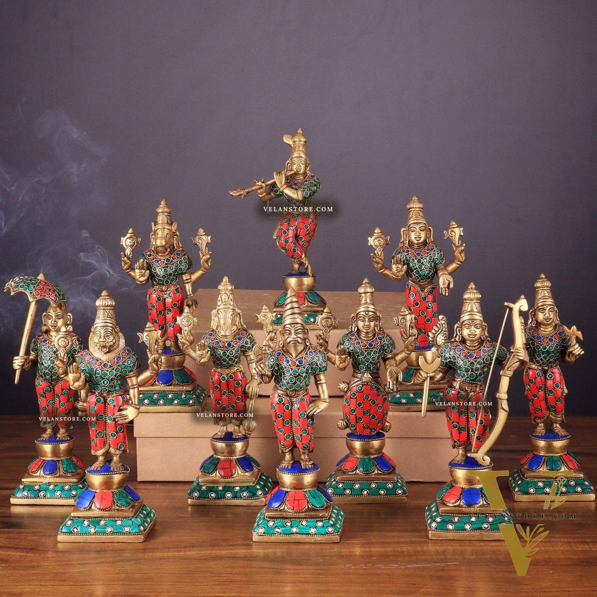 Brass Vishnu Dashavatar idols set 10 inch with Stonework