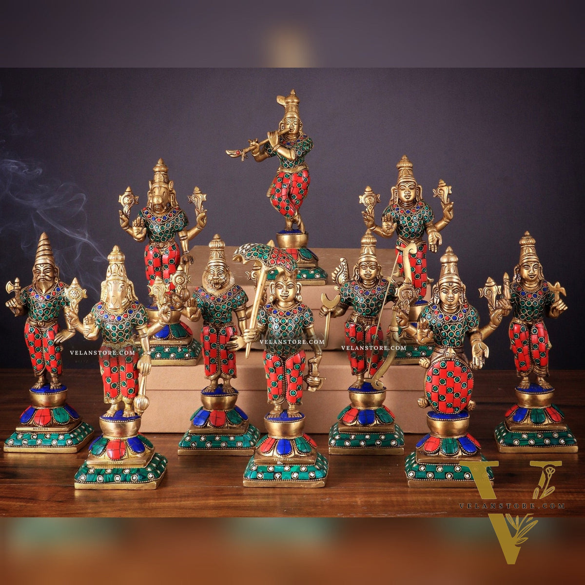 Brass Vishnu Dashavatar idols set 10 inch with Stonework