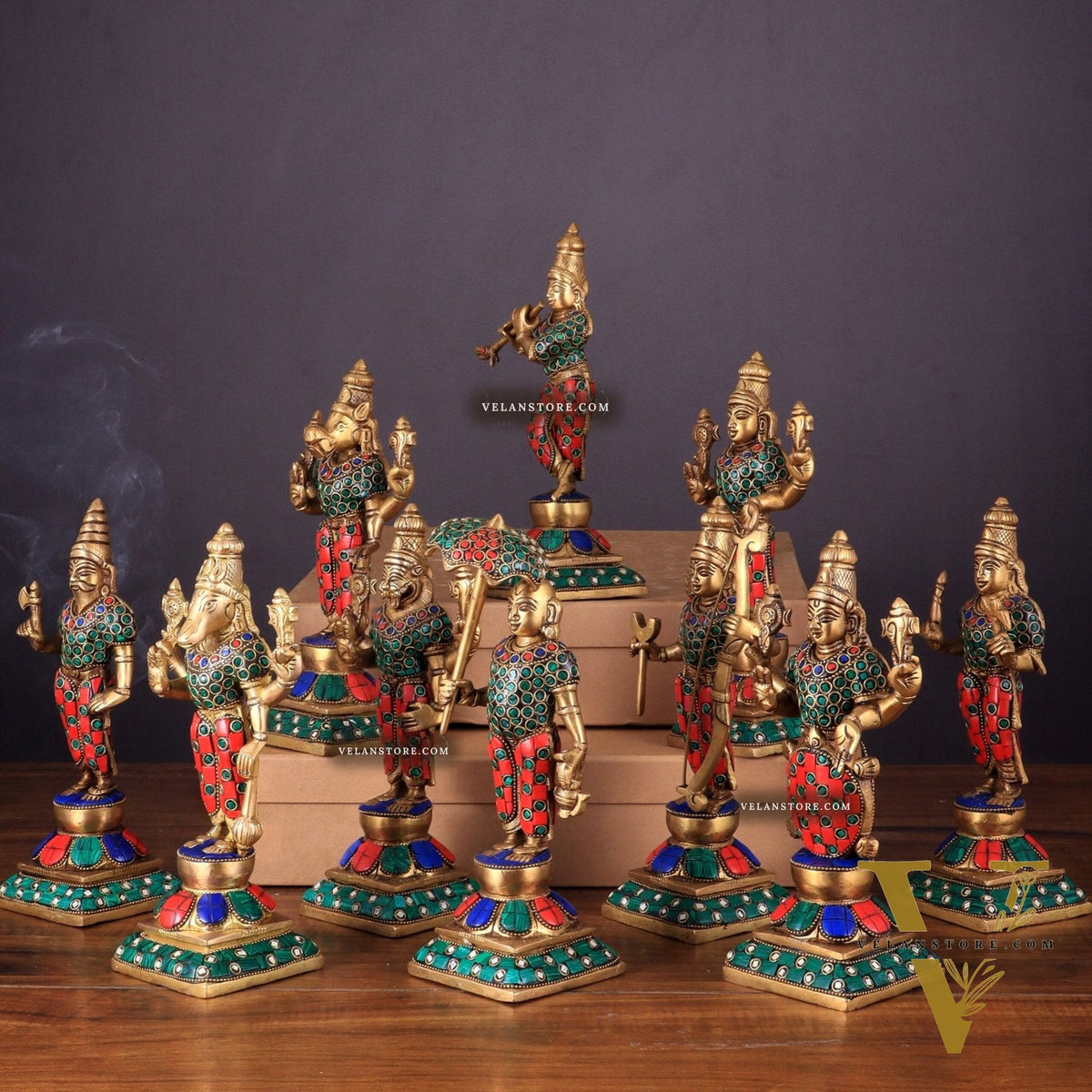 Brass Vishnu Dashavatar idols set 10 inch with Stonework