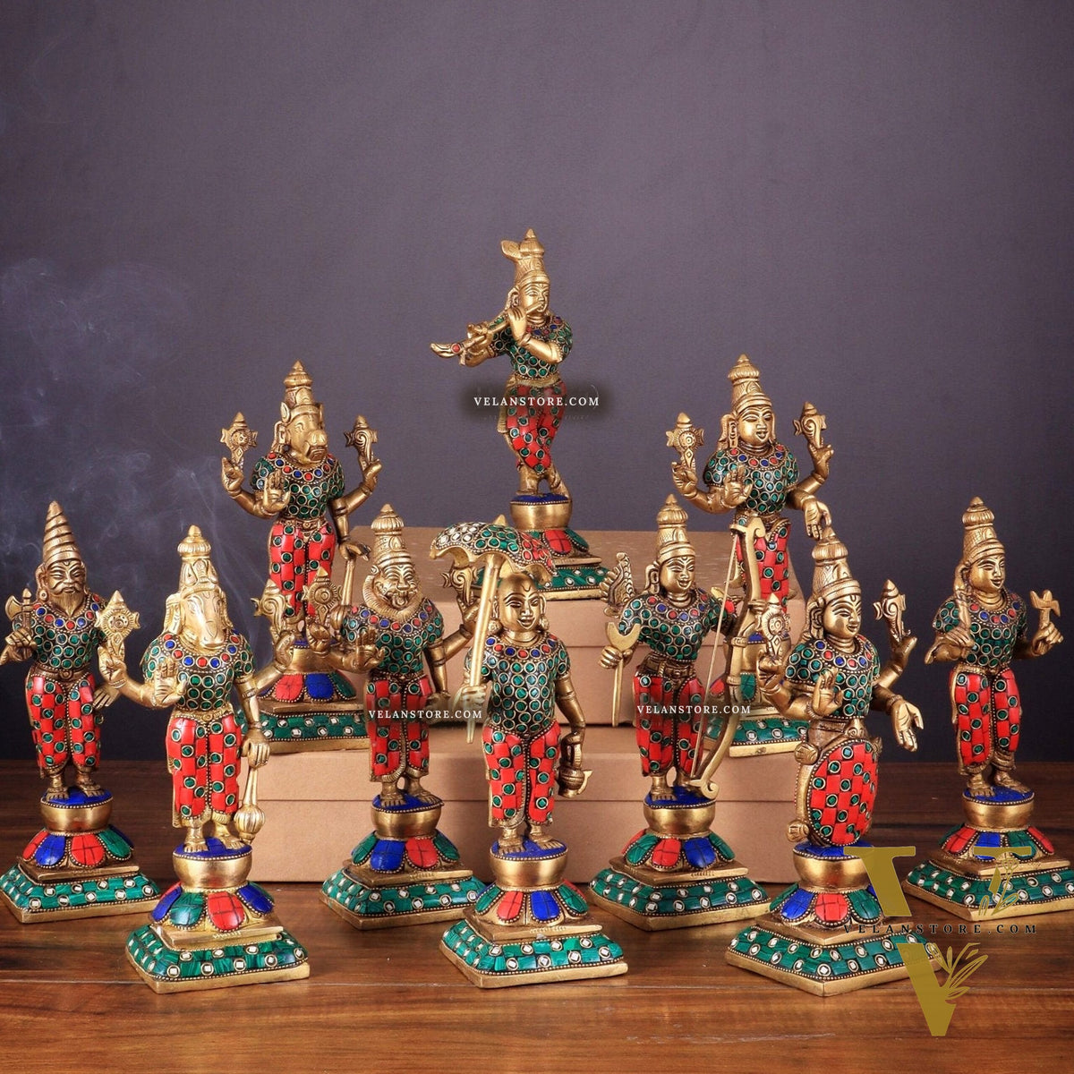 Brass Vishnu Dashavatar idols set 10 inch with Stonework