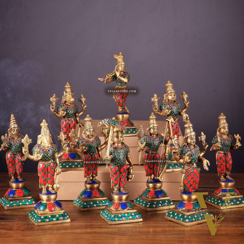 Brass Vishnu Dashavatar idols set 10 inch with Stonework