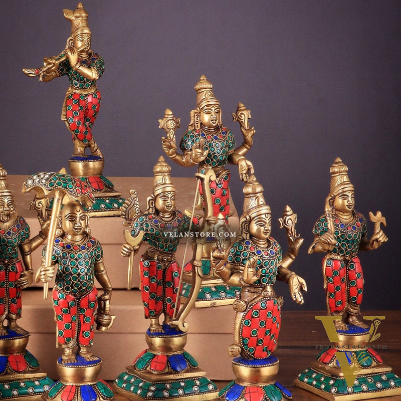 Brass Vishnu Dashavatar idols set 10 inch with Stonework