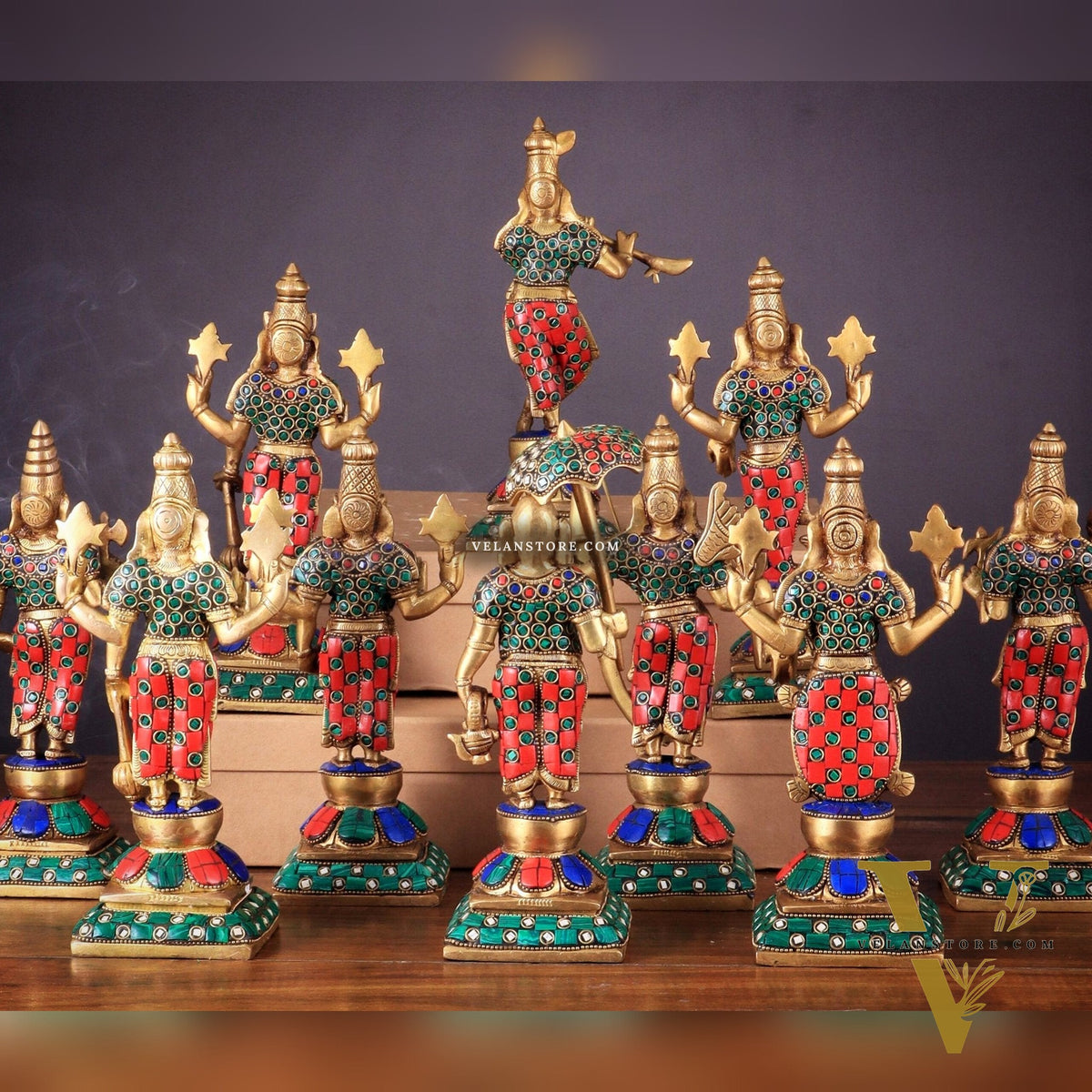 Brass Vishnu Dashavatar idols set 10 inch with Stonework