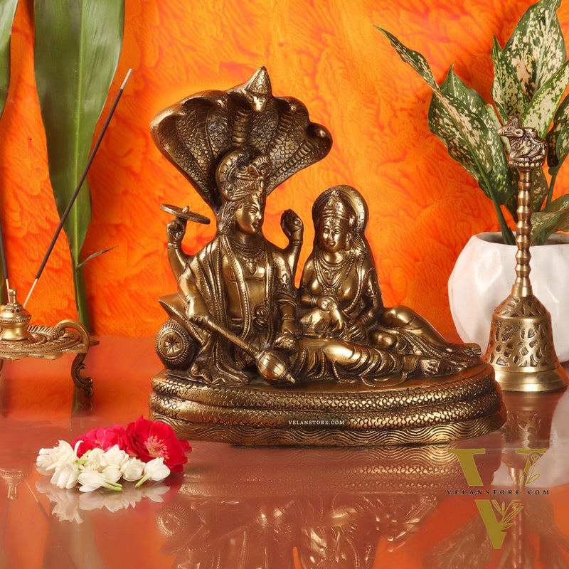 Brass Vishnu lakshmi/ Lakshmi Narayan resting Sheshanaag Statue 10"