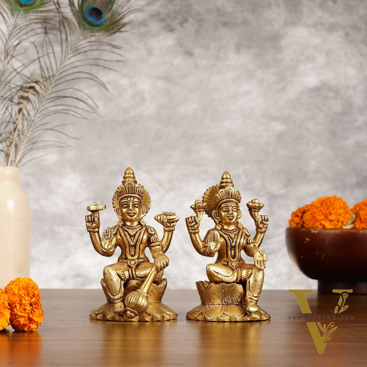 Brass Vishnu Lakshmi Seated on Lotus Base Idol - 5.5"