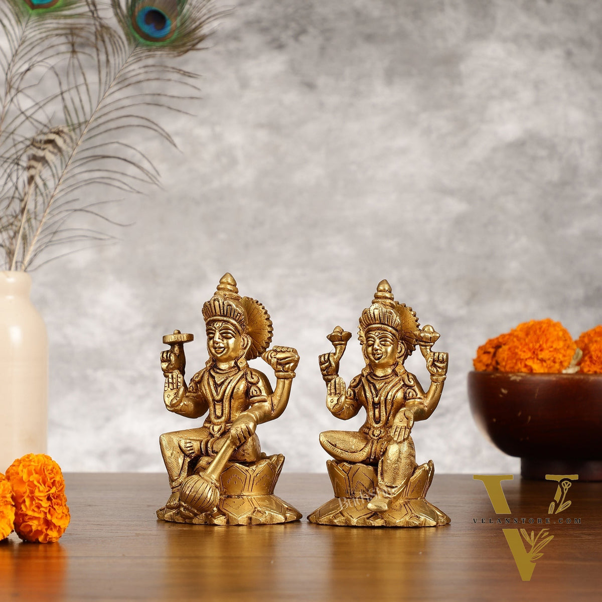 Brass Vishnu Lakshmi Seated on Lotus Base Idol - 5.5"
