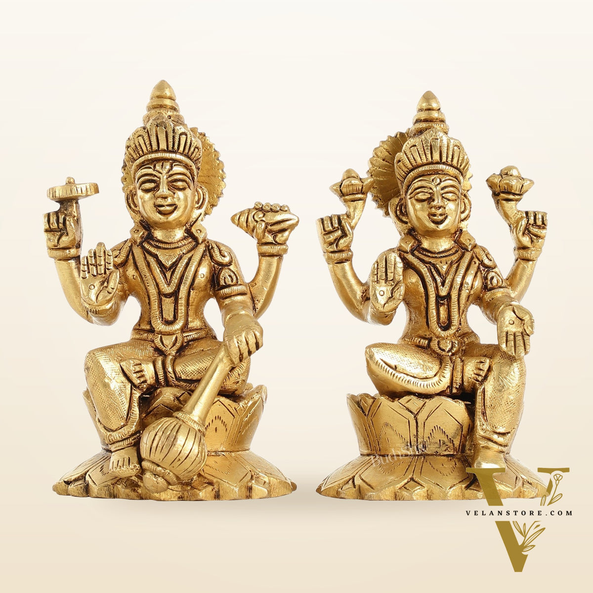 Brass Vishnu Lakshmi Seated on Lotus Base Idol - 5.5"