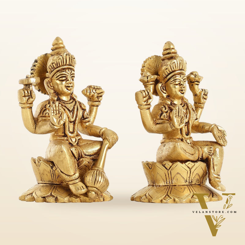 Brass Vishnu Lakshmi Seated on Lotus Base Idol - 5.5"