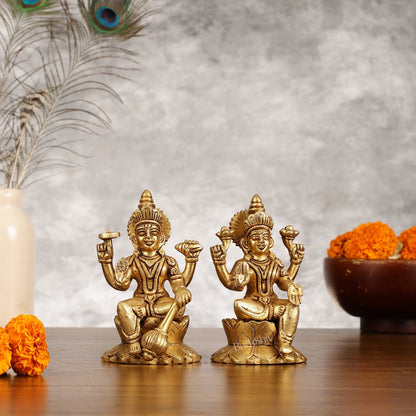 Brass Vishnu Lakshmi Seated on Lotus Base Idol - 5.5"
